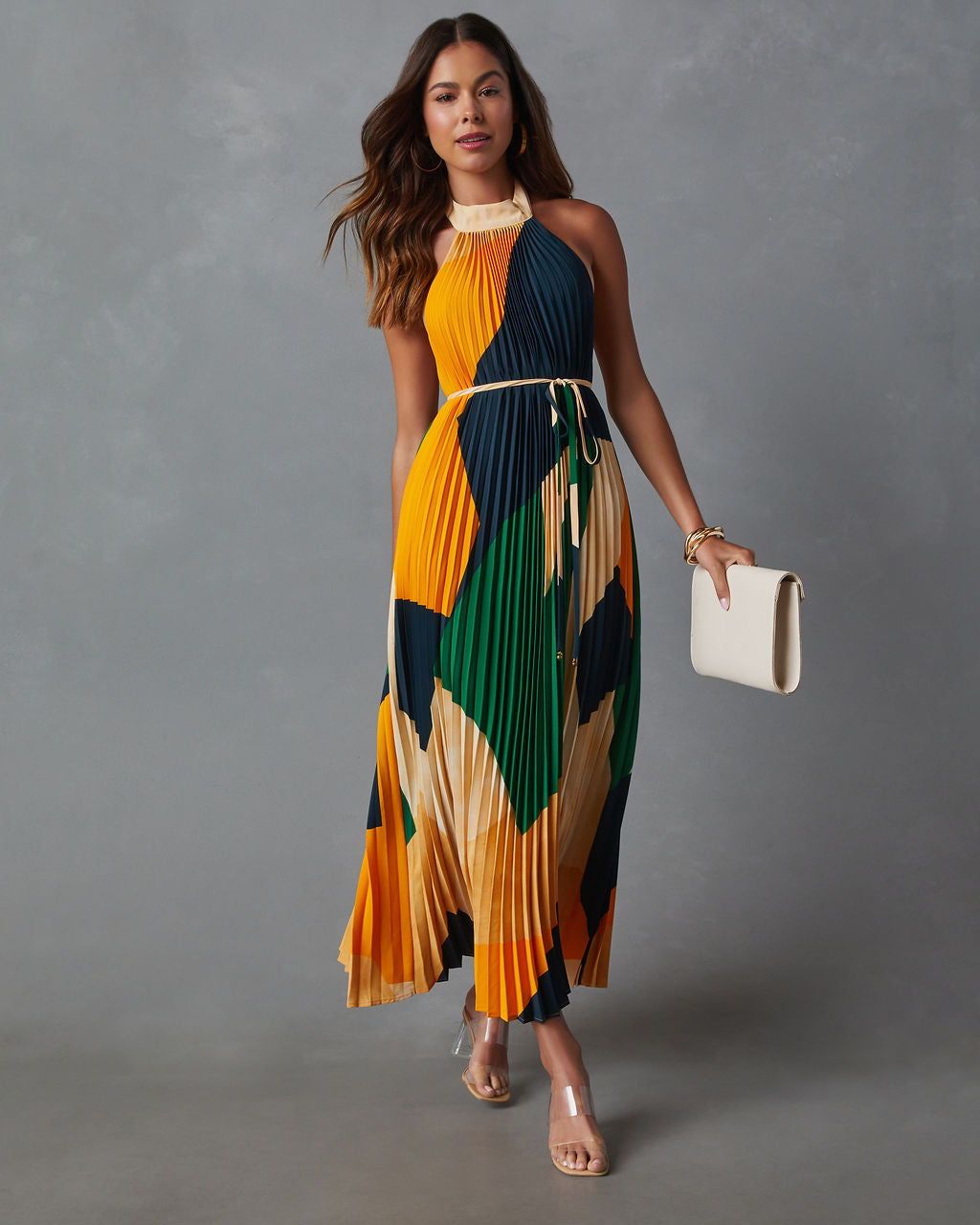 Cheyenne Abstract Pleated Halter Midi Dress-Vogue Logic