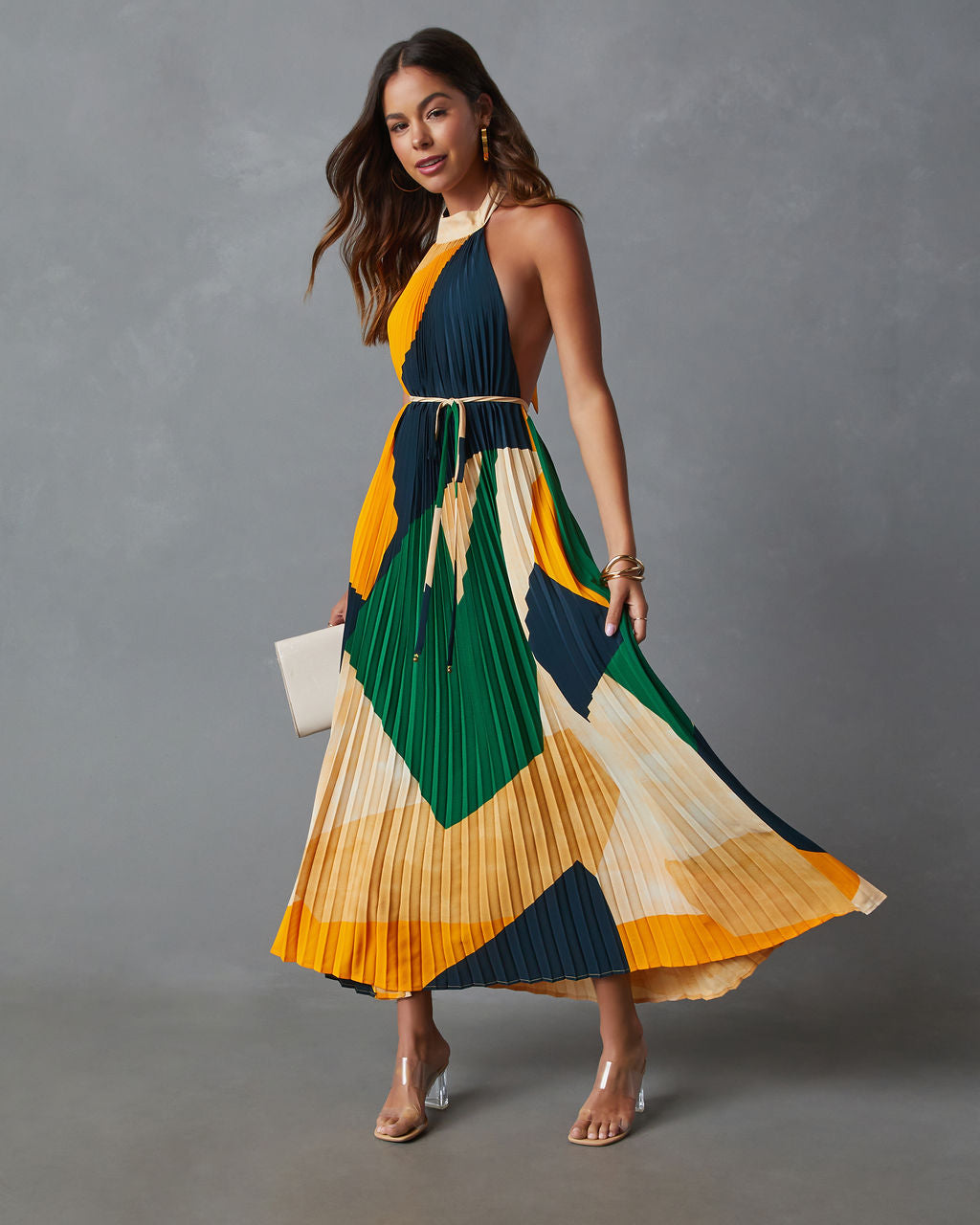 Cheyenne Abstract Pleated Halter Midi Dress-Vogue Logic