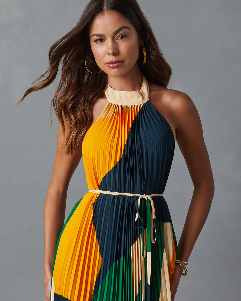 Cheyenne Abstract Pleated Halter Midi Dress-Vogue Logic