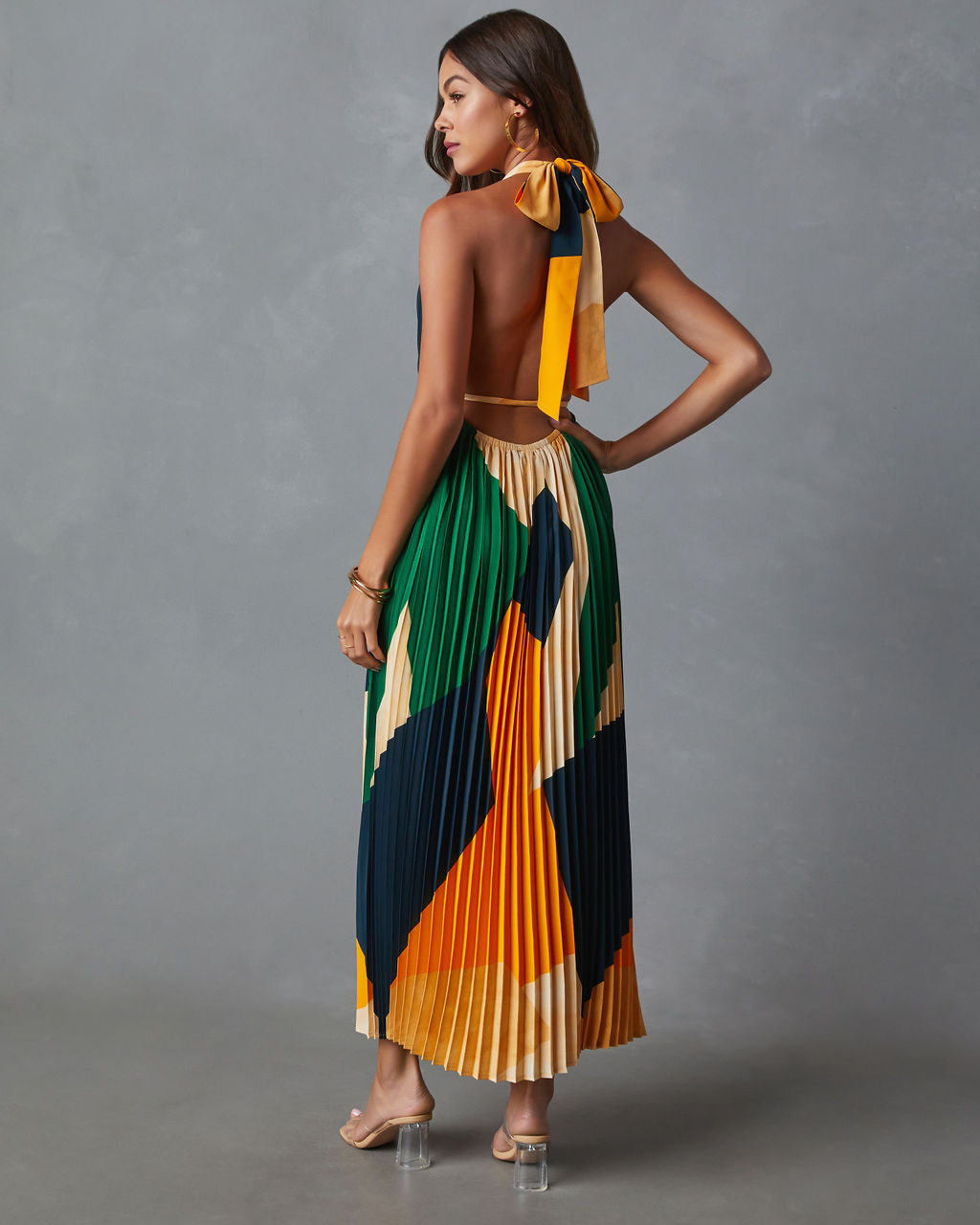 Cheyenne Abstract Pleated Halter Midi Dress-Vogue Logic