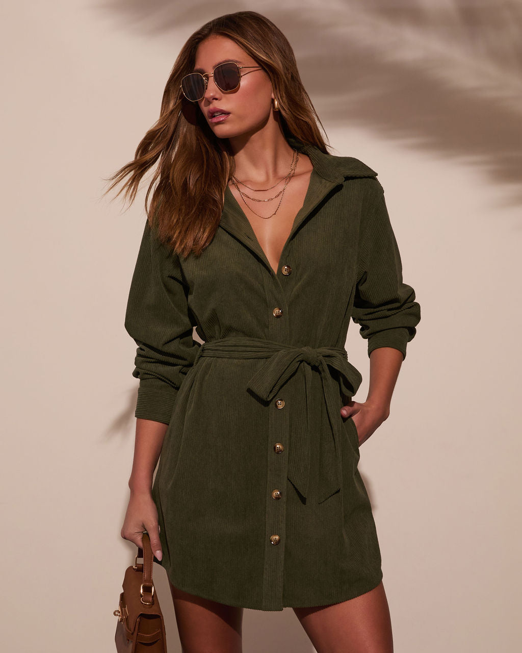 Sherna Corduroy Front Tie Mini Dress-Vogue Logic