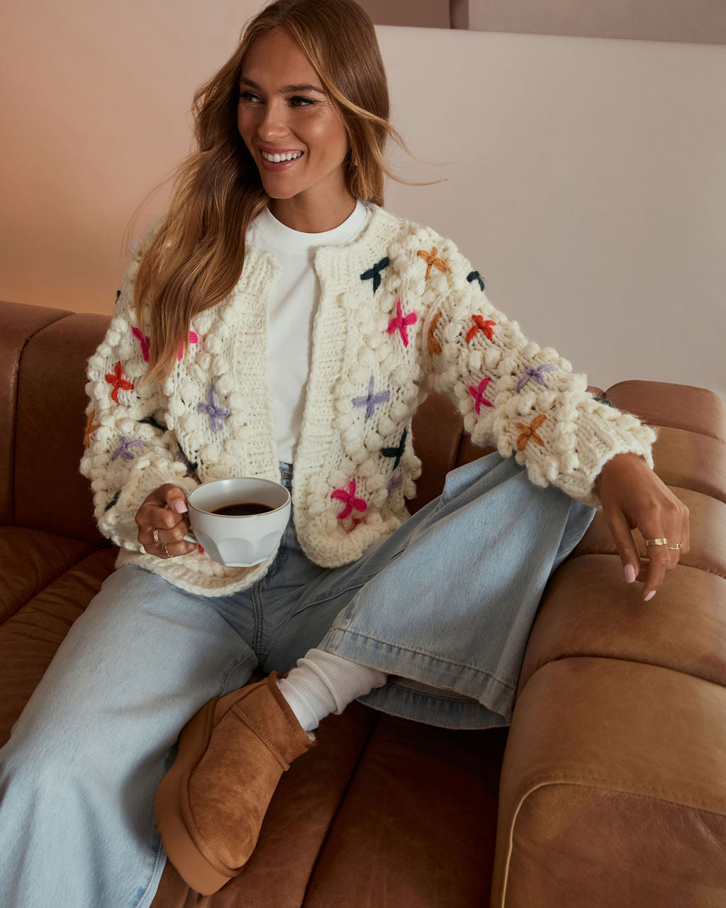 Cozy Moments Embroidered Pom Pom Cardigan-Vogue Logic