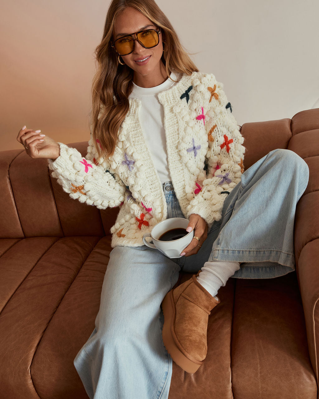 Cozy Moments Embroidered Pom Pom Cardigan-Vogue Logic