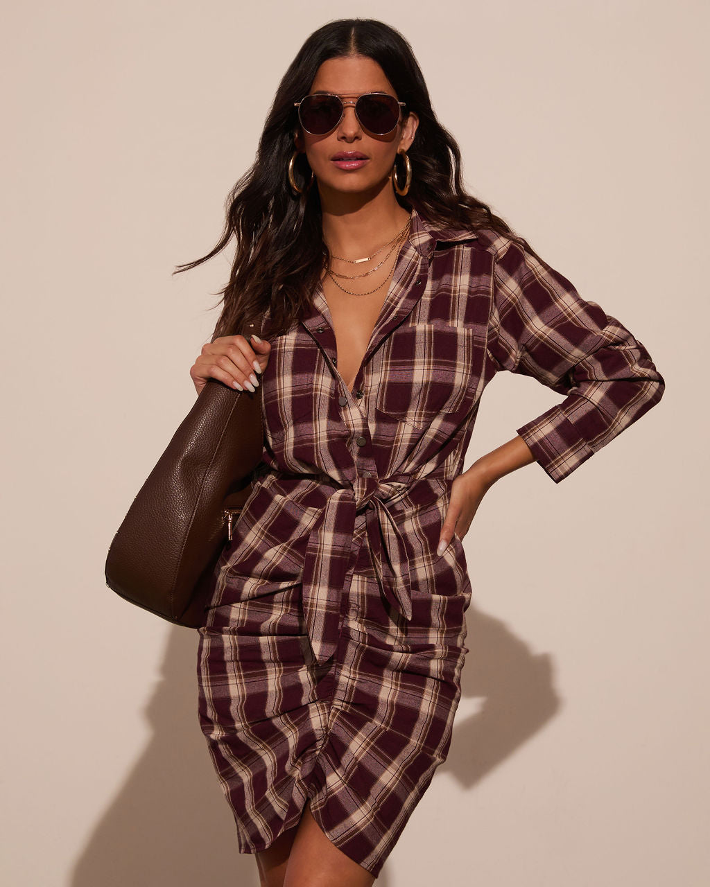 Archie Cotton Ruched Plaid Shirt Dress-Vogue Logic