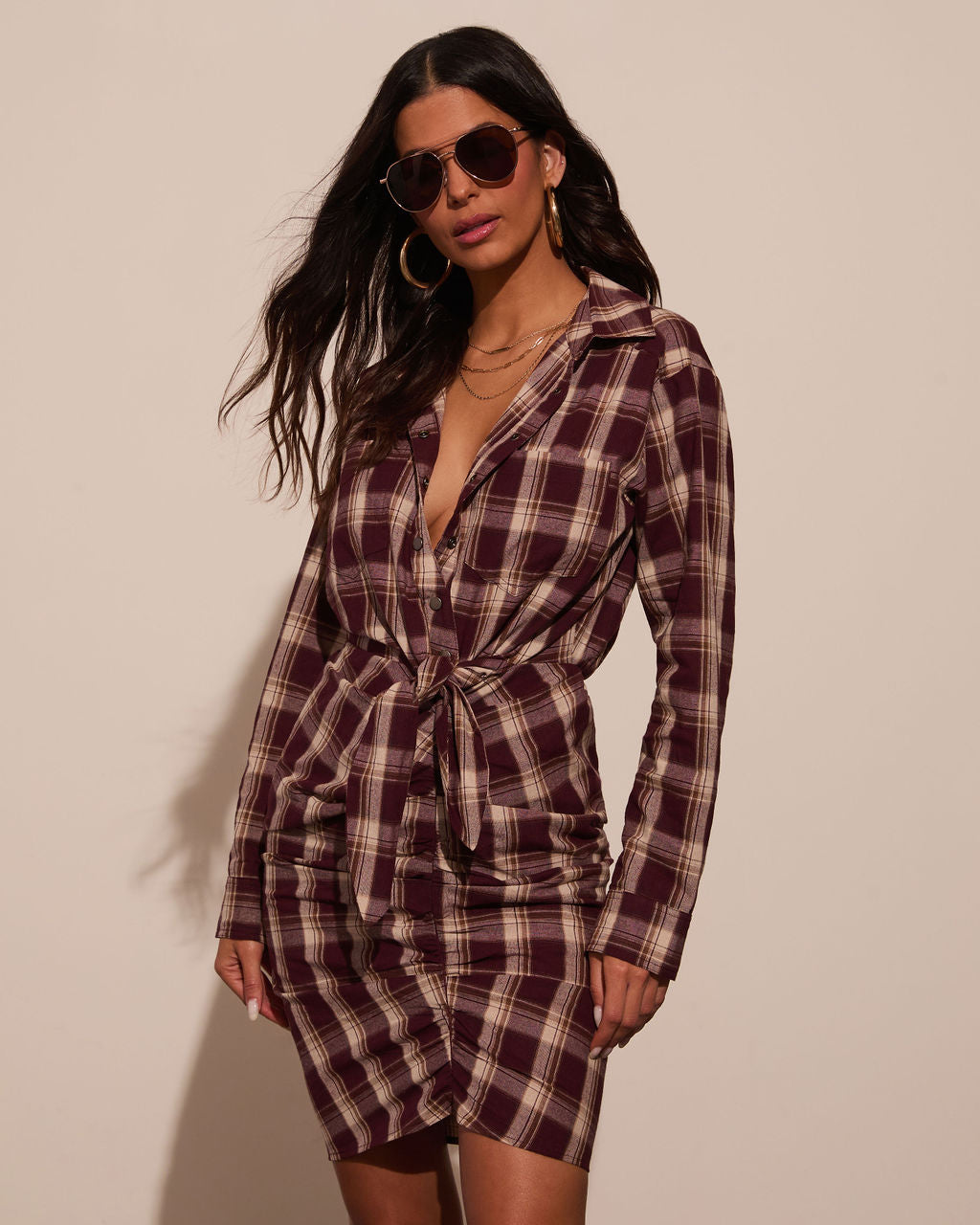 Archie Cotton Ruched Plaid Shirt Dress-Vogue Logic