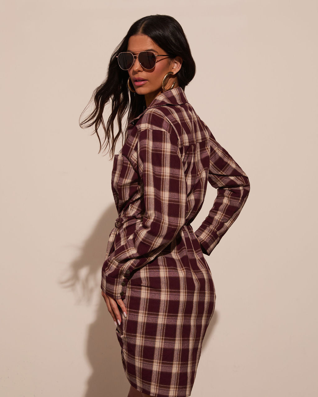 Archie Cotton Ruched Plaid Shirt Dress-Vogue Logic