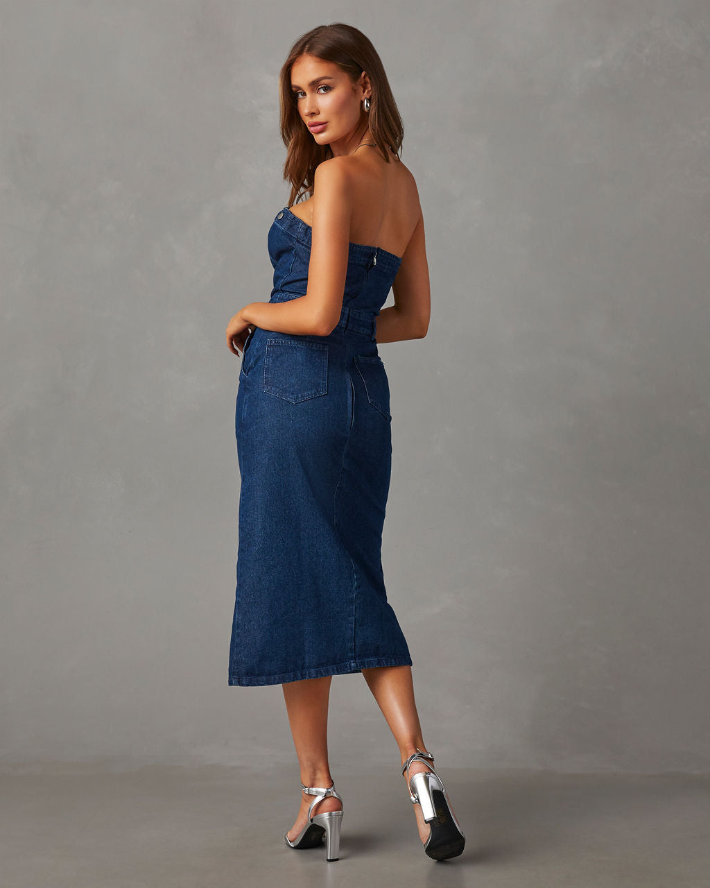 Edgy Era Denim Strapless Midi Dress-Vogue Logic