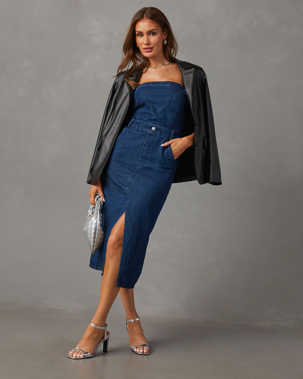 Edgy Era Denim Strapless Midi Dress-Vogue Logic