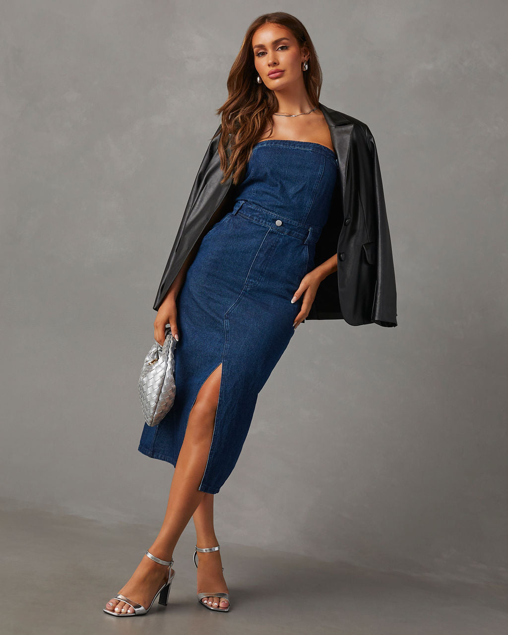 Edgy Era Denim Strapless Midi Dress-Vogue Logic