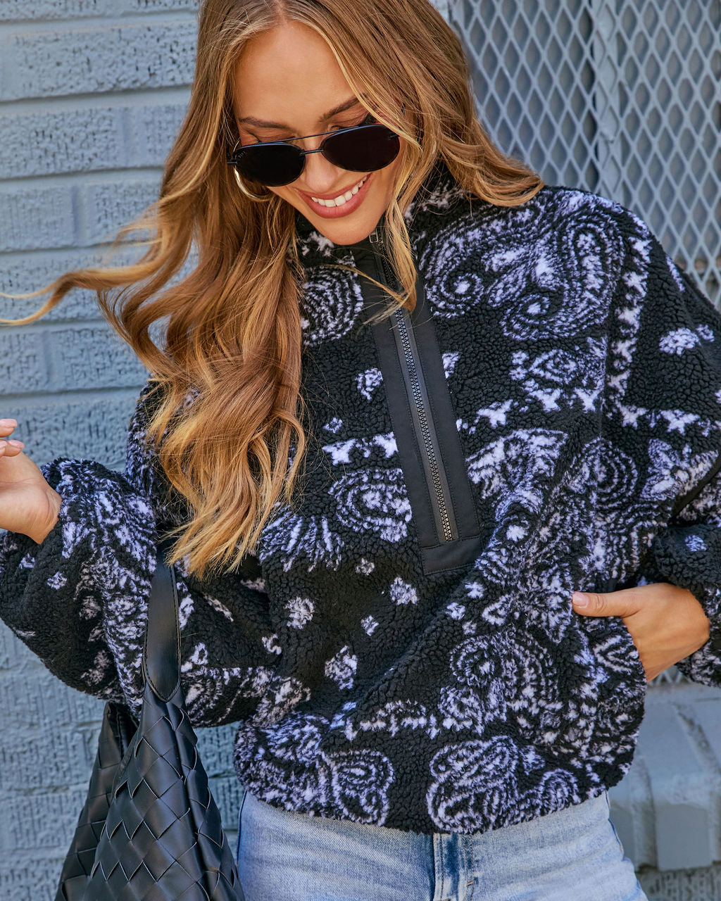 Brianna Sherpa Paisley Quarter Zip Sweatshirt-Vogue Logic
