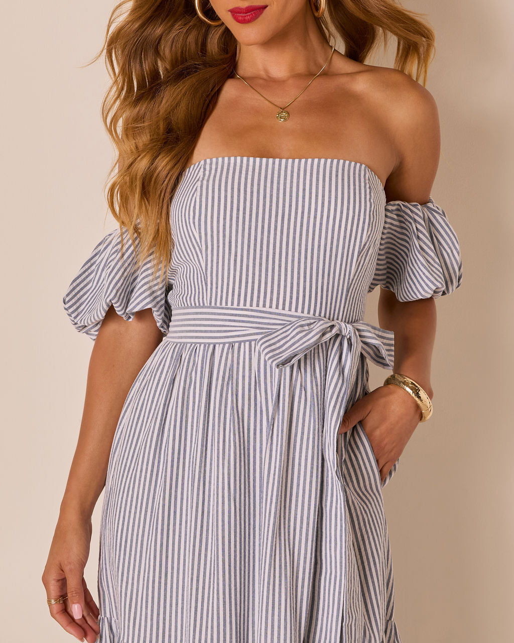 Annah Striped Off The Shoulder Maxi Dress-Vogue Logic