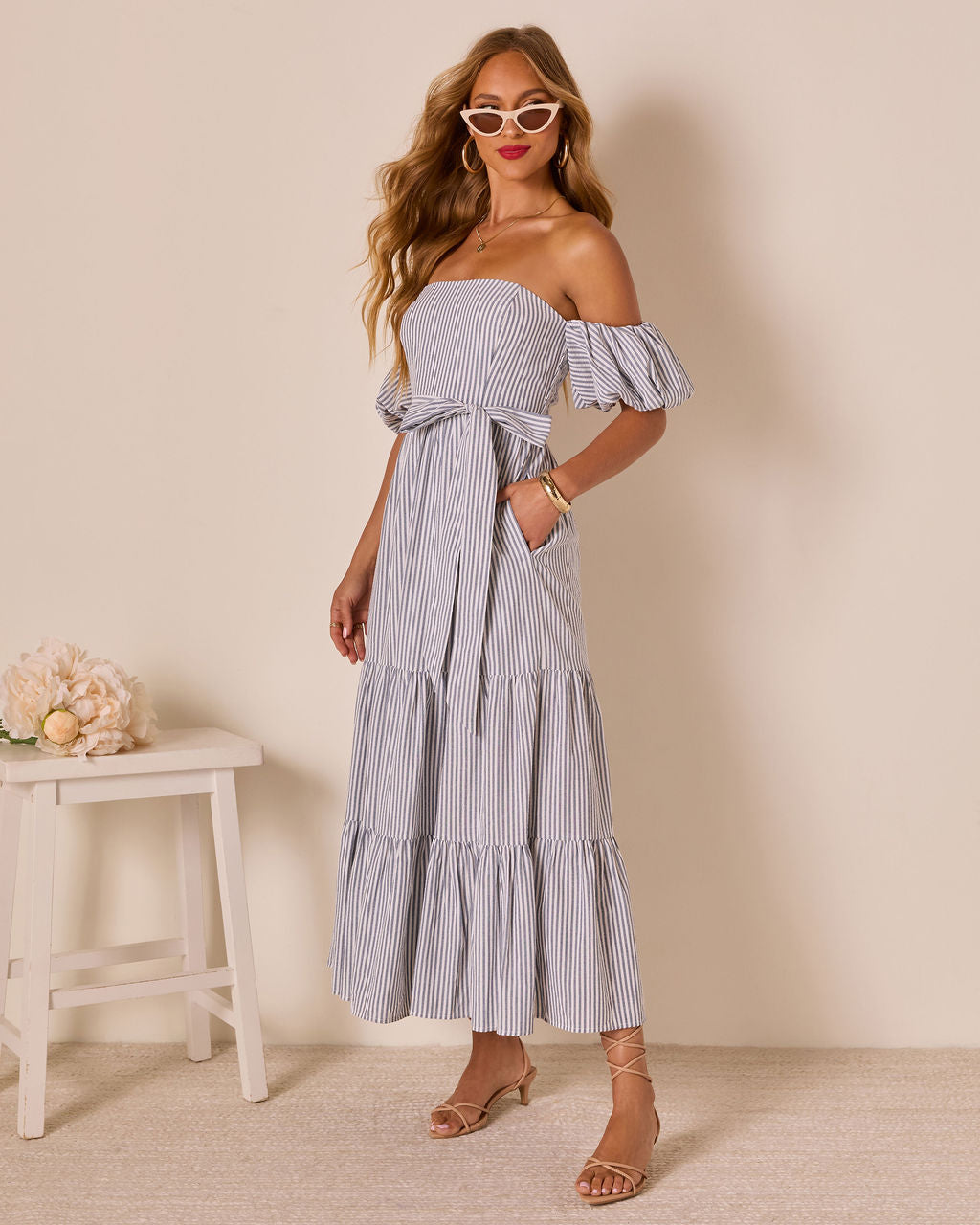 Annah Striped Off The Shoulder Maxi Dress-Vogue Logic
