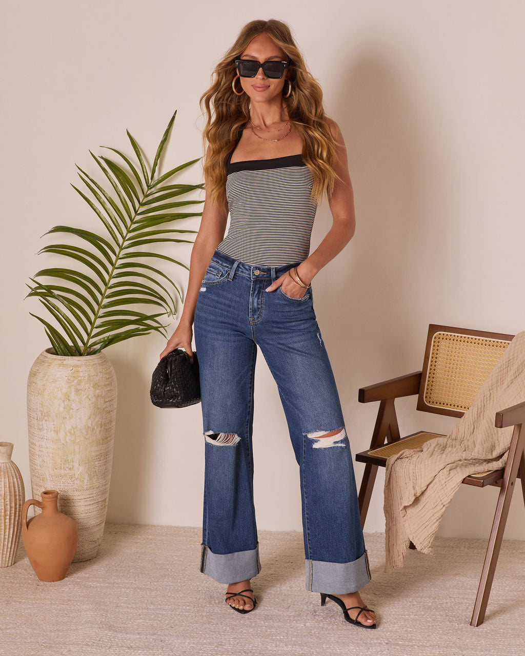 Jaidan Stretch Distressed Wide Leg Cuffed Jeans-Vogue Logic