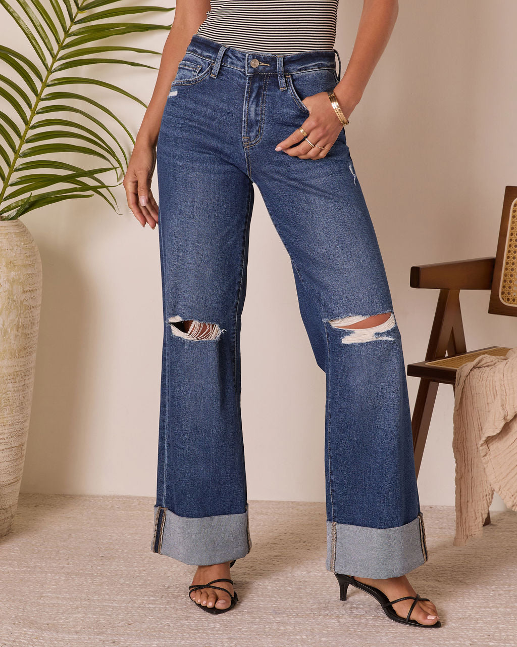 Jaidan Stretch Distressed Wide Leg Cuffed Jeans-Vogue Logic