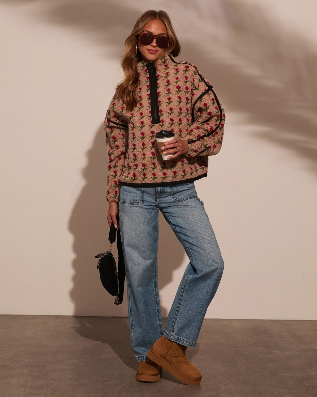 Pauleen Sherpa Floral Quarter Zip Sweatshirt-Vogue Logic