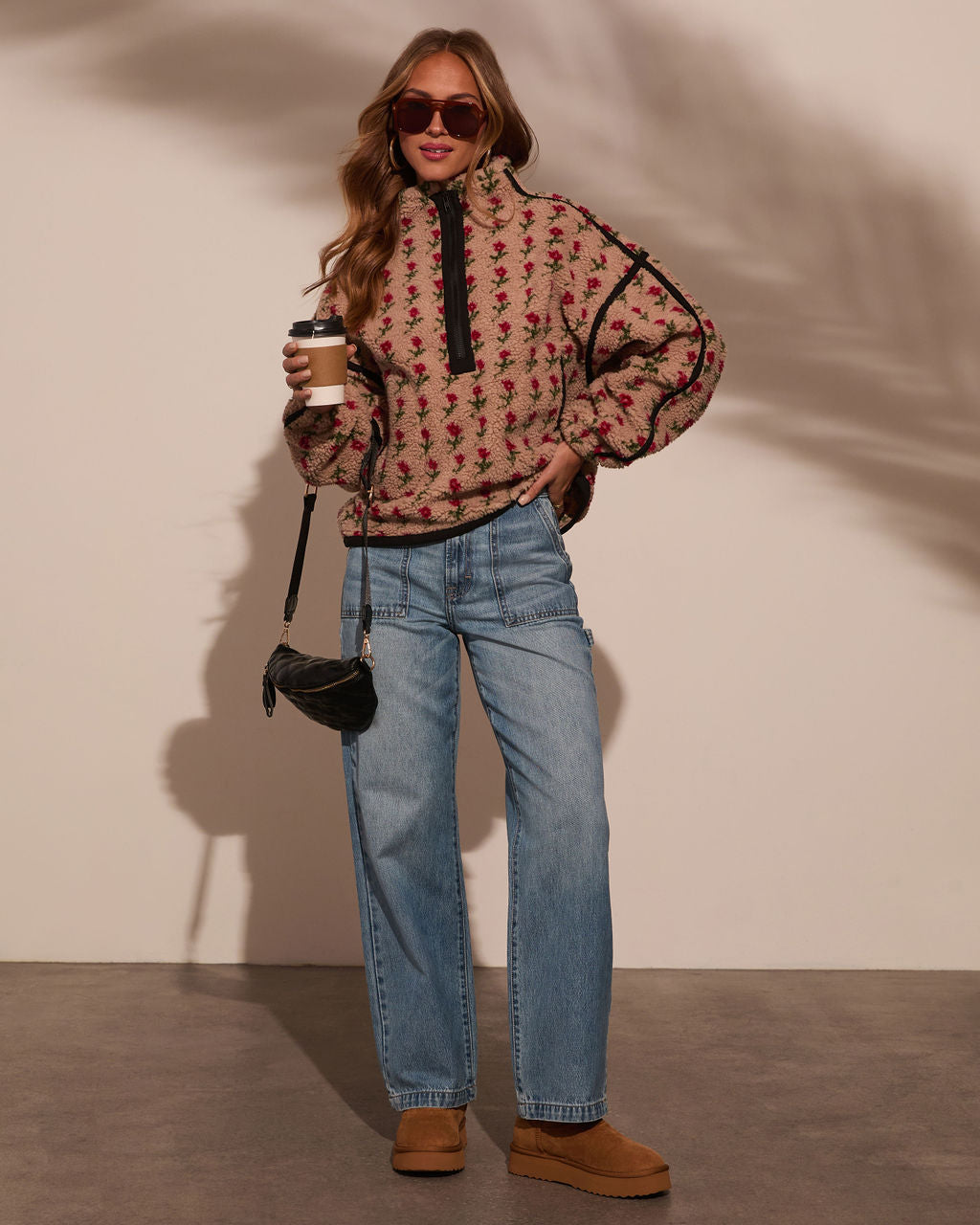 Pauleen Sherpa Floral Quarter Zip Sweatshirt-Vogue Logic