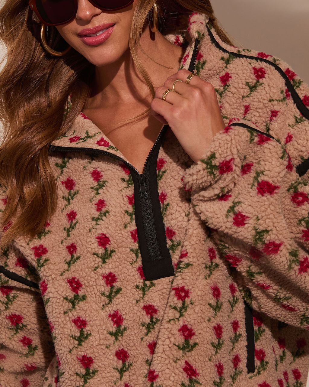 Pauleen Sherpa Floral Quarter Zip Sweatshirt-Vogue Logic