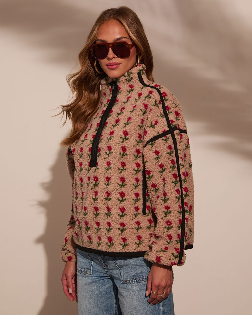 Pauleen Sherpa Floral Quarter Zip Sweatshirt-Vogue Logic