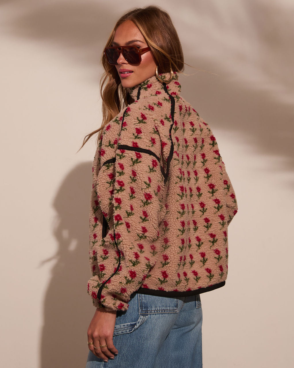 Pauleen Sherpa Floral Quarter Zip Sweatshirt-Vogue Logic