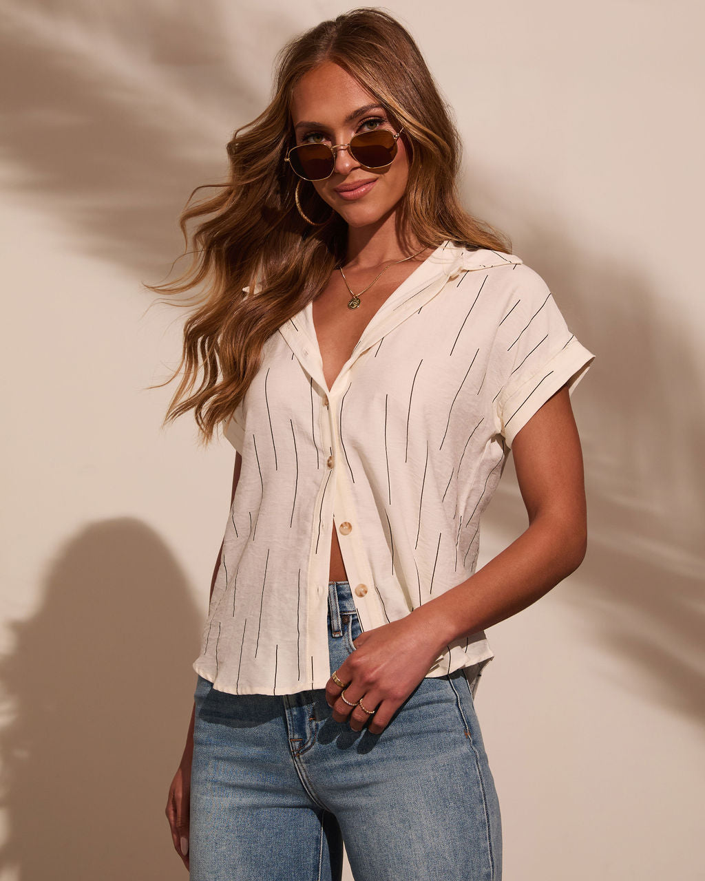 Elianna Abstract Stripe Button Down Top-Vogue Logic