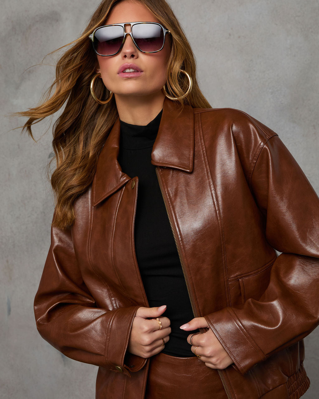 Shes It Oversized Leather Bomber Jacket-Vogue Logic