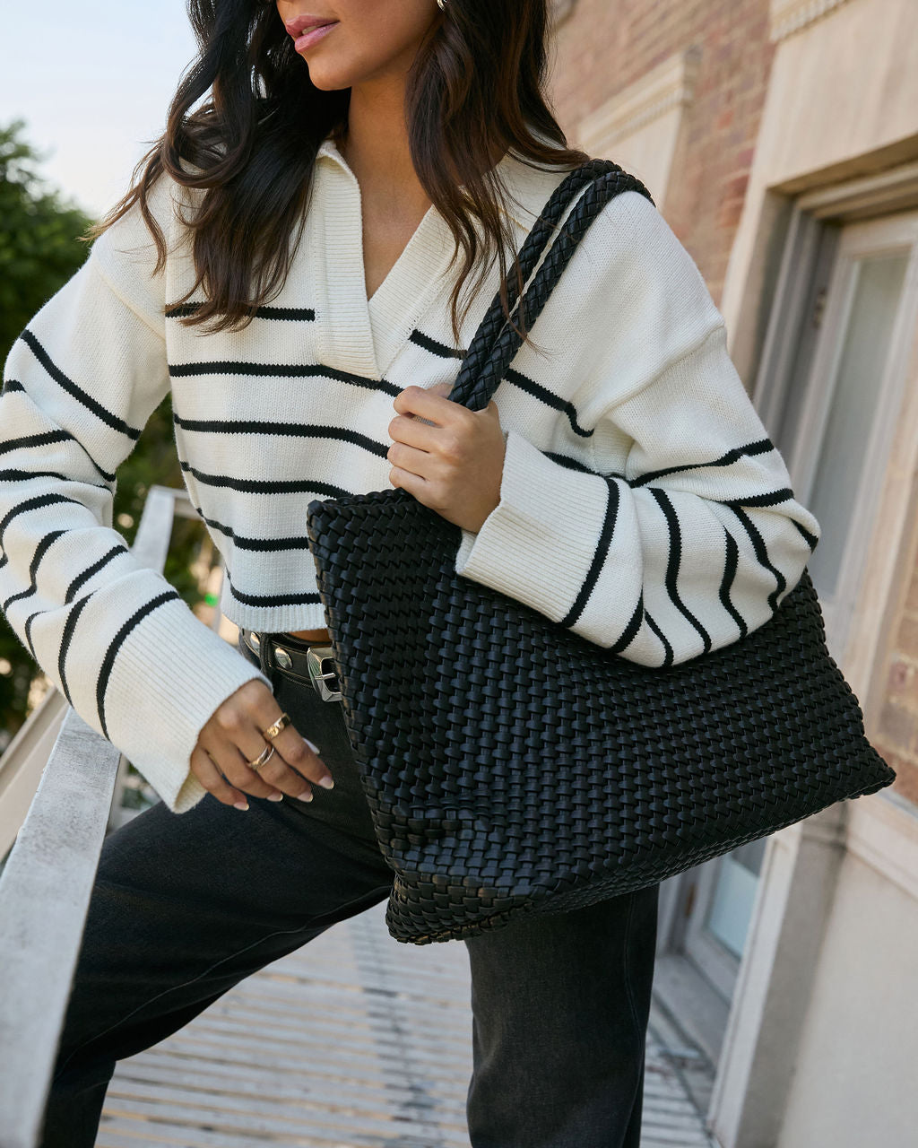 At My Side Woven Leather Tote With Insert-Vogue Logic