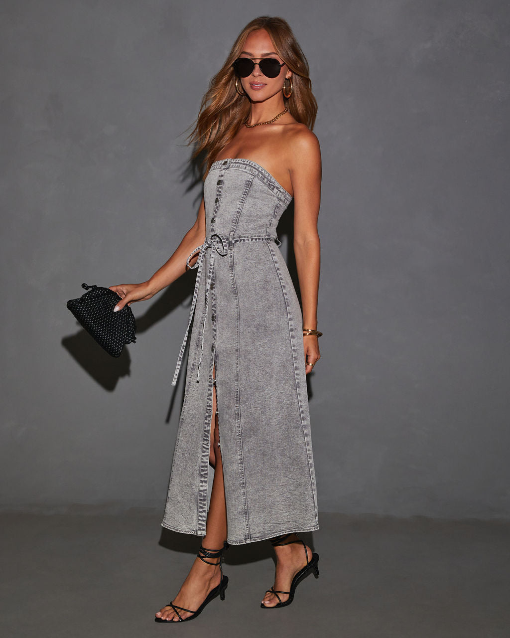 Peggy Button Front Strapless Denim Maxi Dress-Vogue Logic