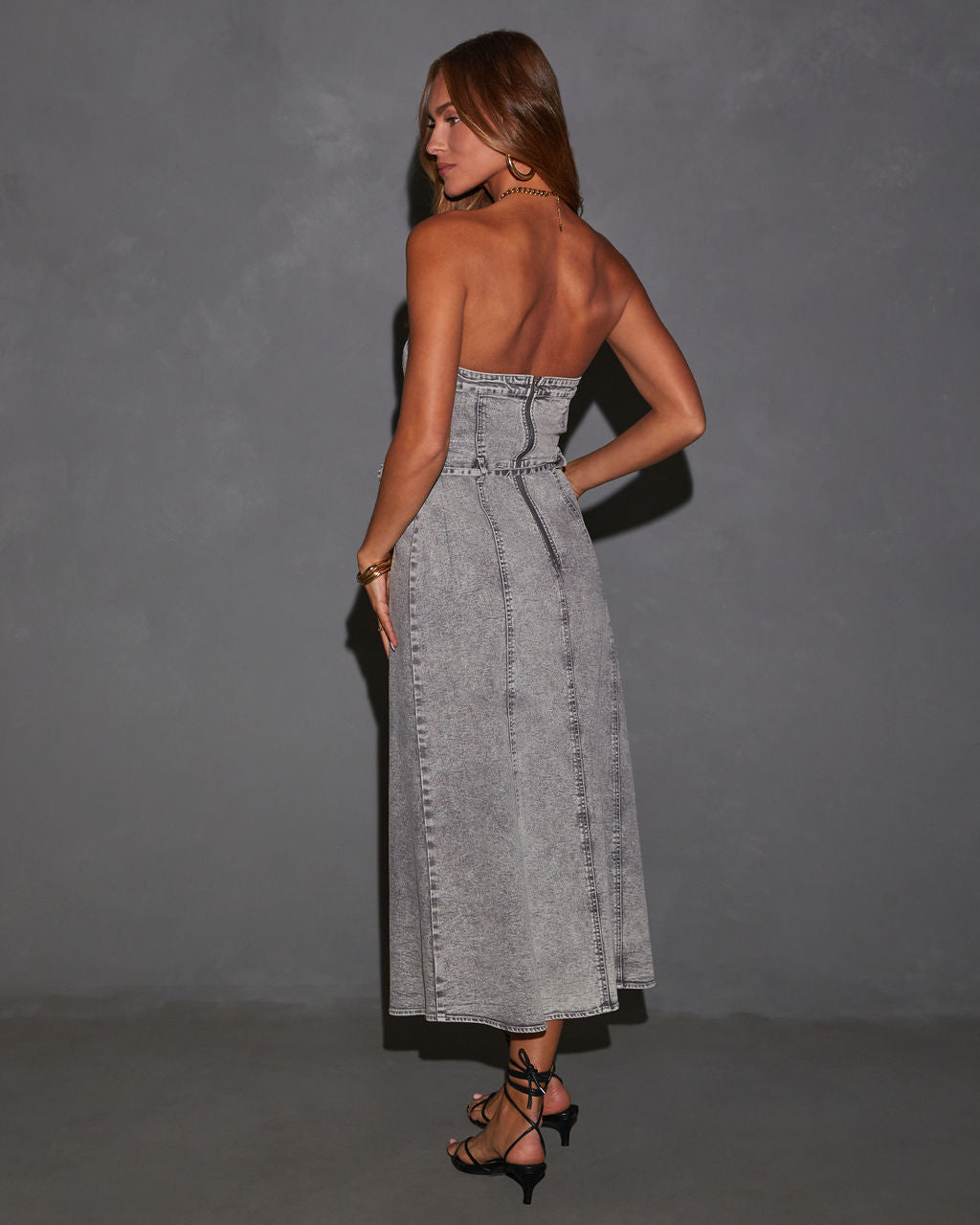 Peggy Button Front Strapless Denim Maxi Dress-Vogue Logic