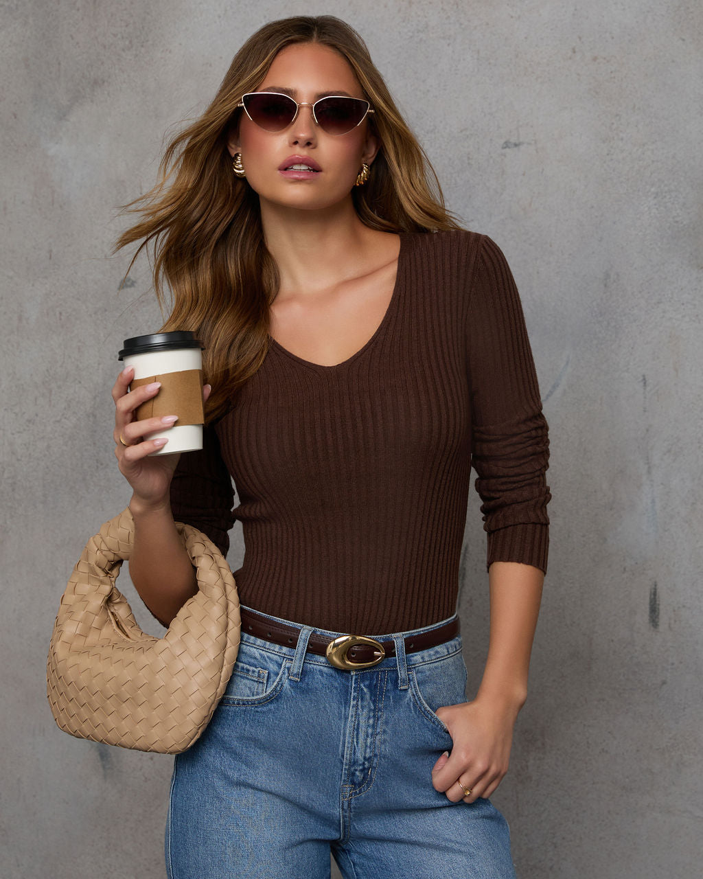 Jamilah Ribbed V Neck Sweater-Vogue Logic