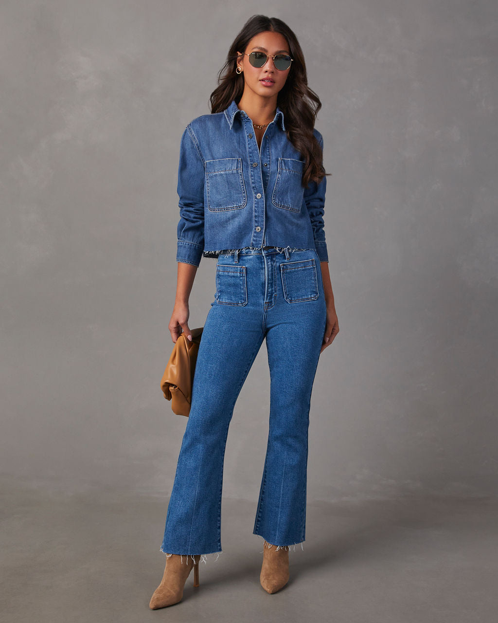 Jamie Cropped Denim Button Down Top-Vogue Logic