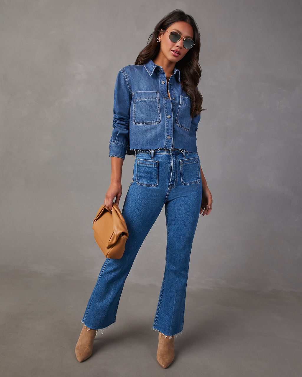 Jamie Cropped Denim Button Down Top-Vogue Logic