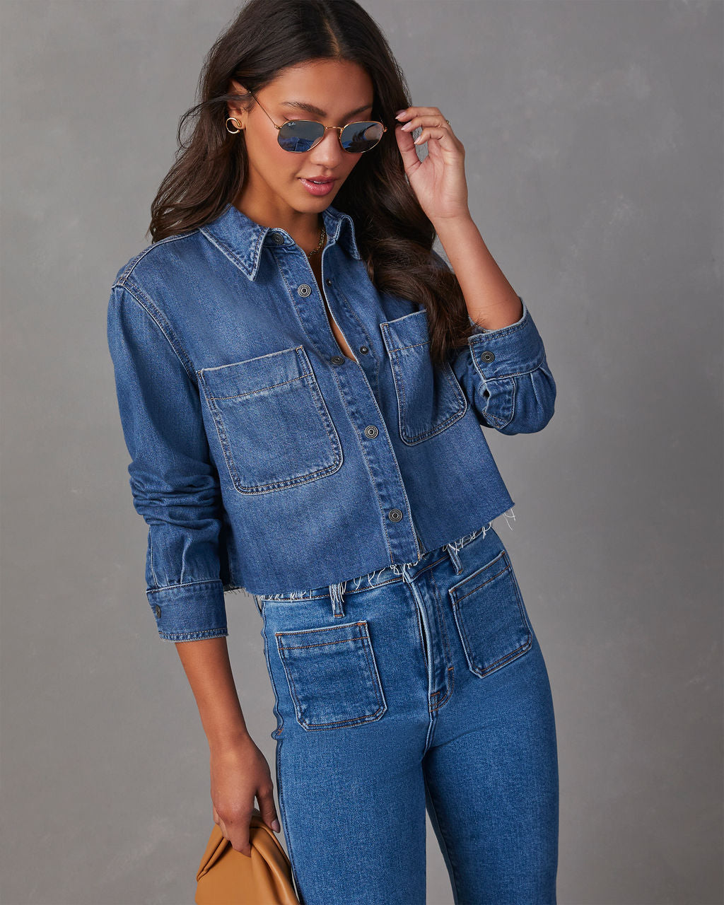 Jamie Cropped Denim Button Down Top-Vogue Logic