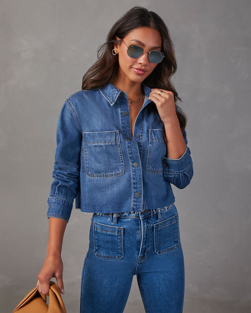 Jamie Cropped Denim Button Down Top-Vogue Logic