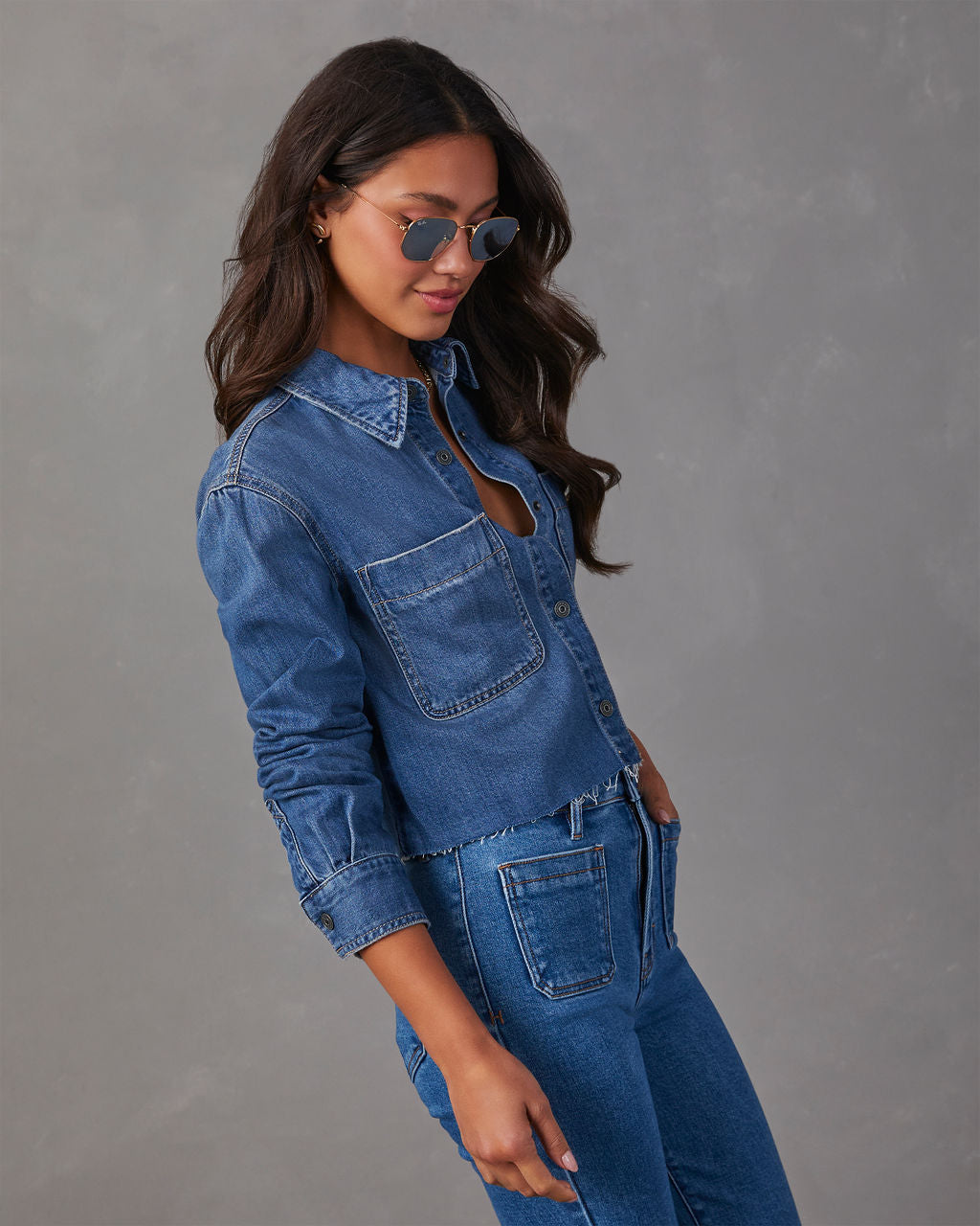 Jamie Cropped Denim Button Down Top-Vogue Logic