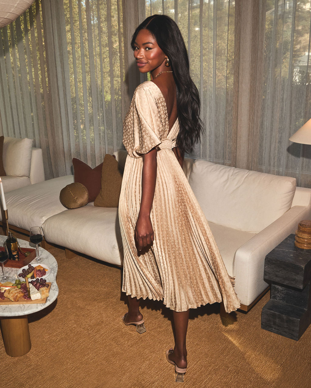 Golden Gatherings Pleated Satin Maxi Dress-Vogue Logic