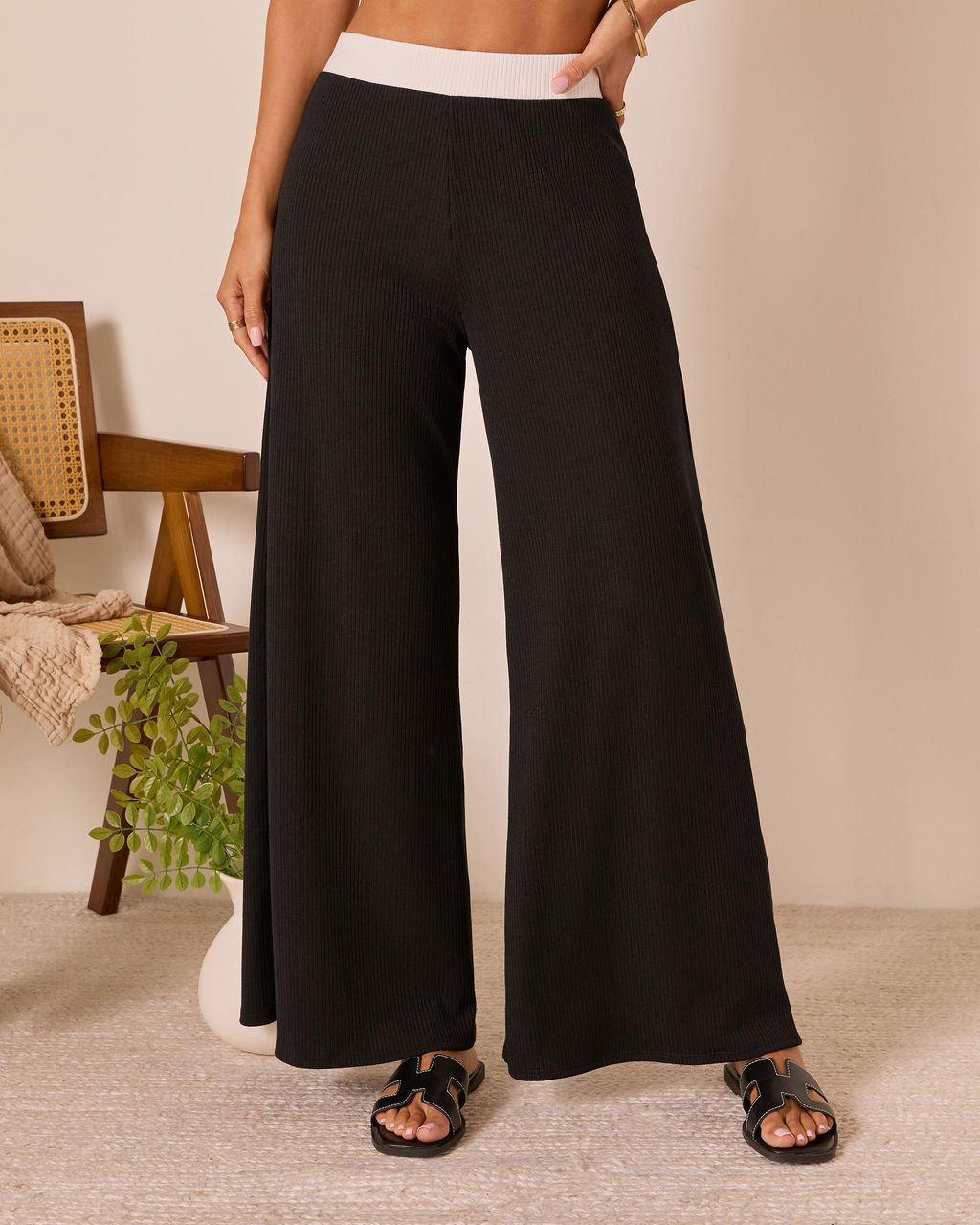 Tricia Contrast Waist Wide Leg Pants-Vogue Logic