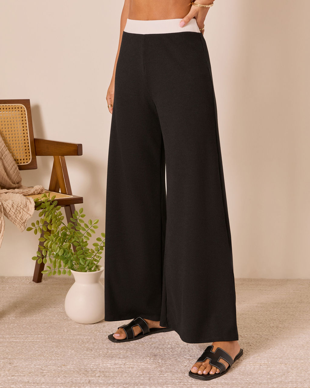 Tricia Contrast Waist Wide Leg Pants-Vogue Logic