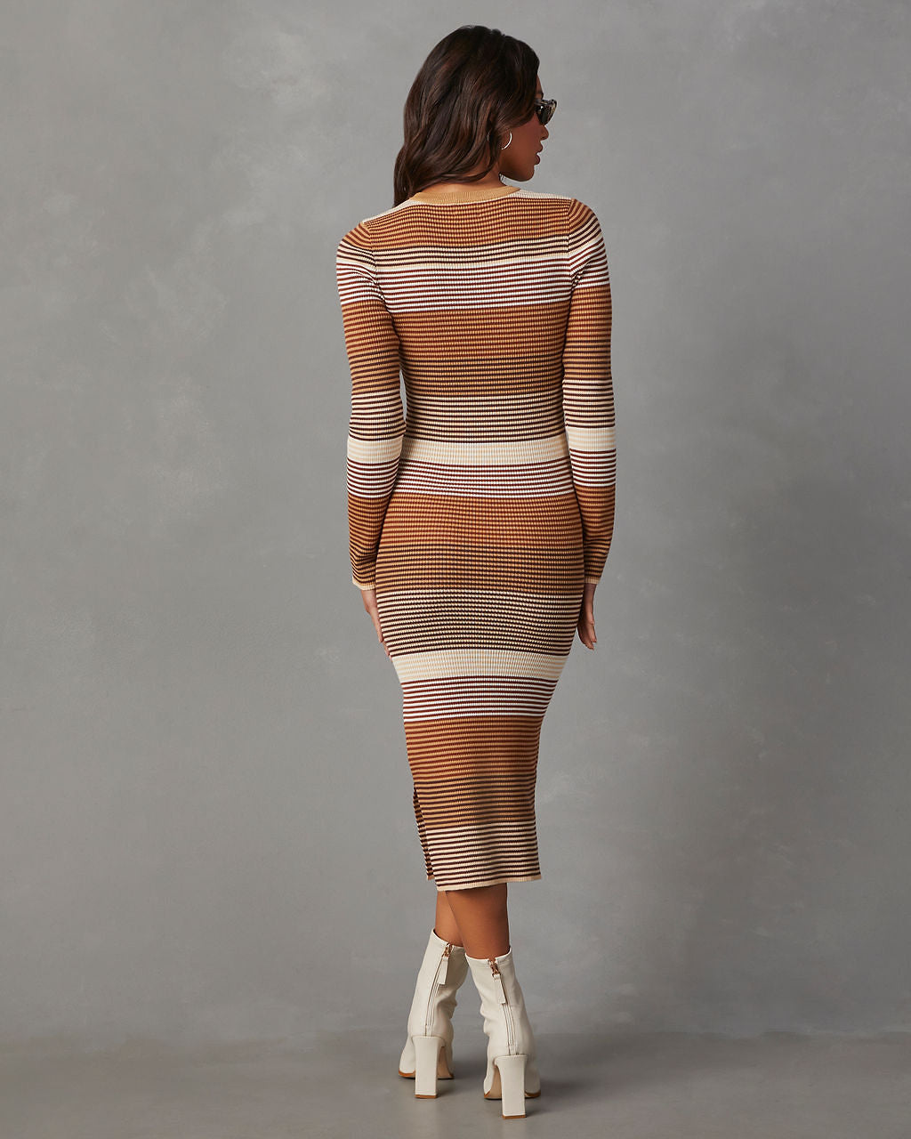 Audrey Striped Long Sleeve Knit Midi Dress-Vogue Logic