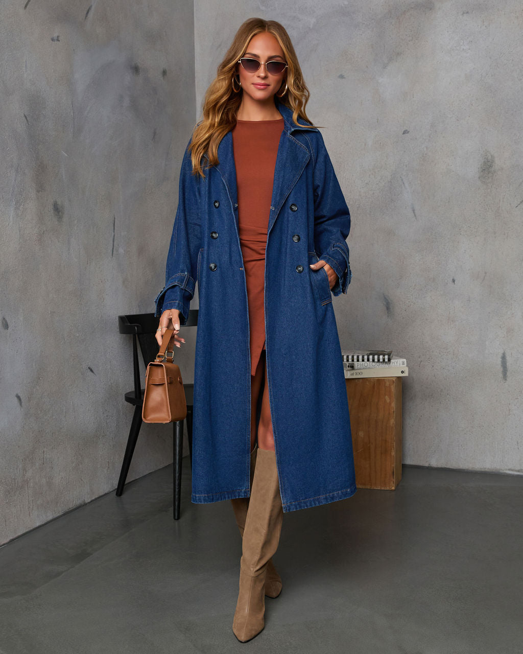Spiced Pear Belted Denim Trench Coat-Vogue Logic