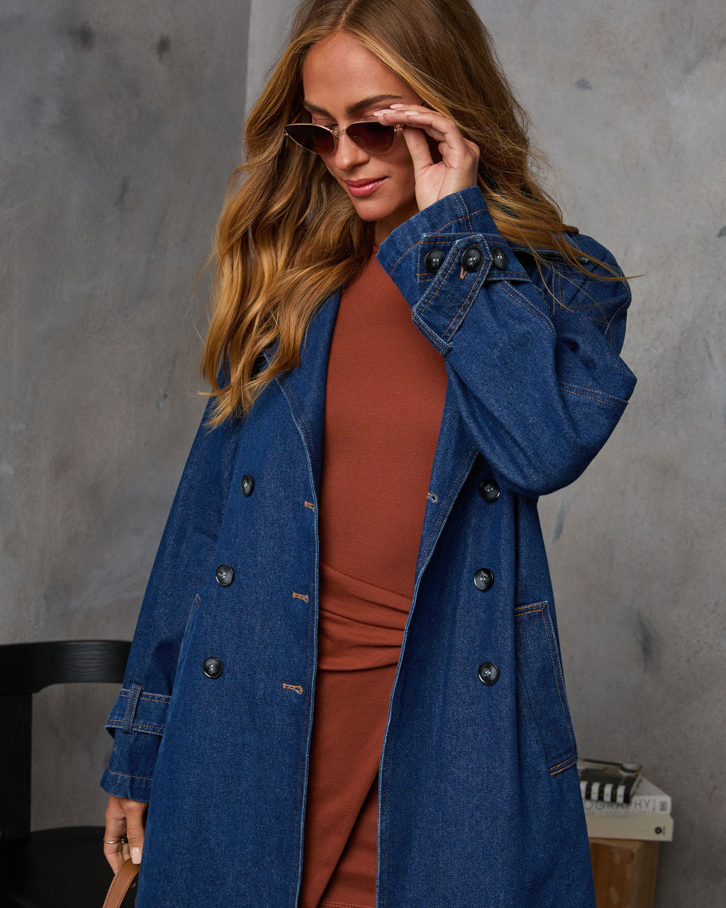 Spiced Pear Belted Denim Trench Coat-Vogue Logic