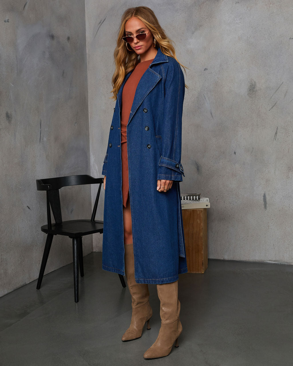Spiced Pear Belted Denim Trench Coat-Vogue Logic