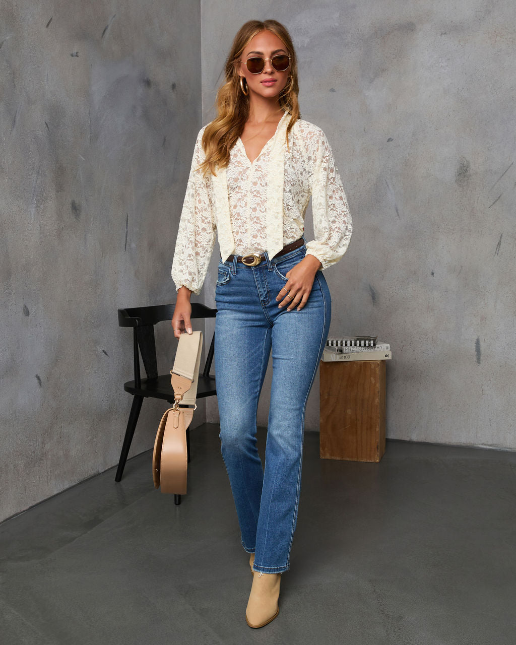 Warm Spice Neck Tie Lace Blouse-Vogue Logic