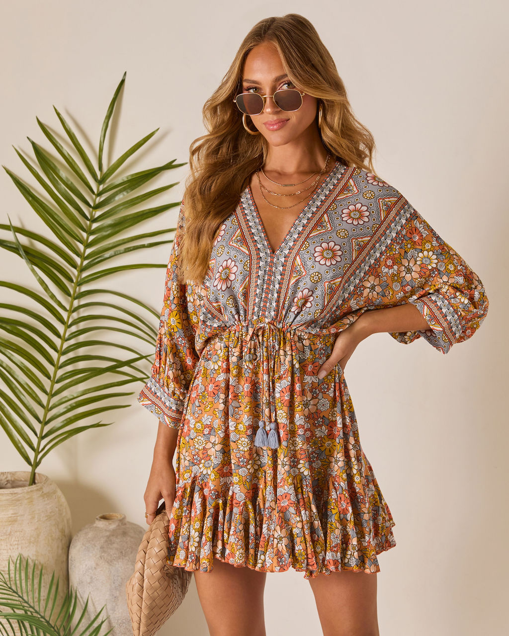 Sun Loves Caftan Mini Dress-Vogue Logic