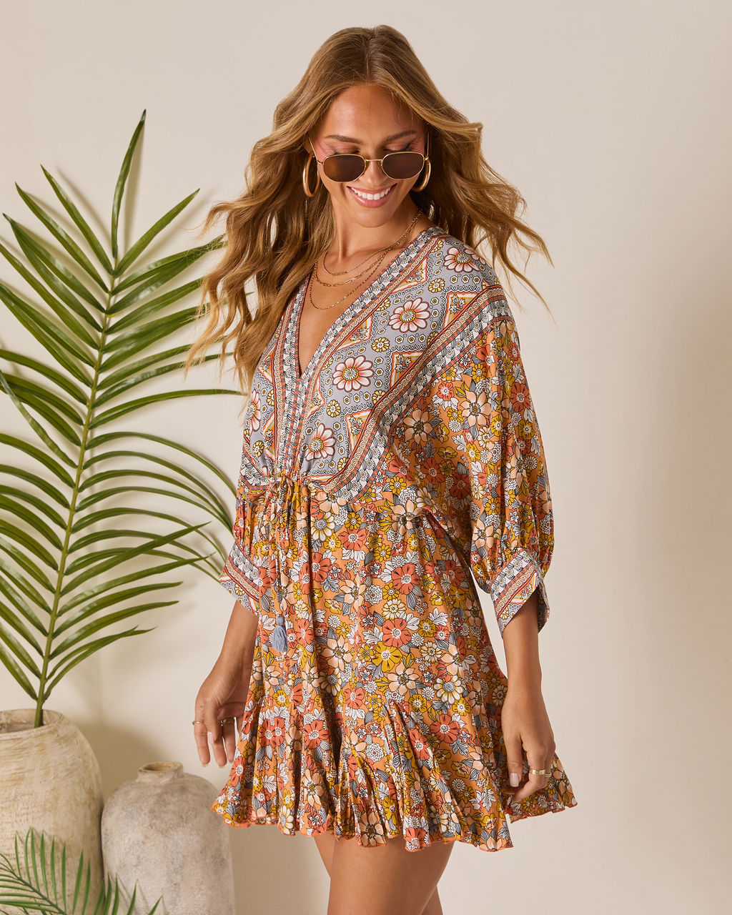 Sun Loves Caftan Mini Dress-Vogue Logic