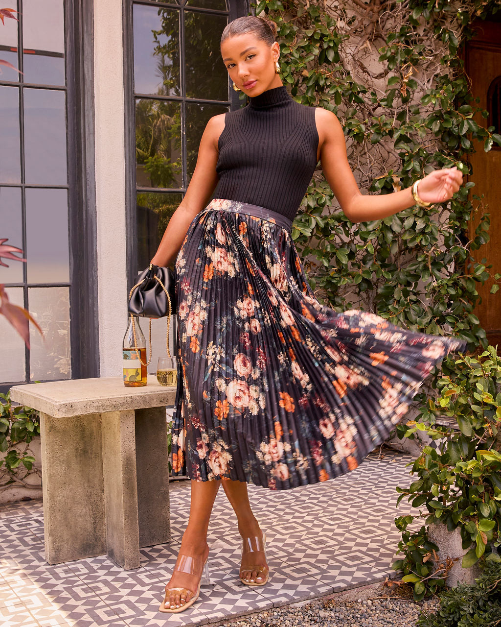Dearest Bloom Plisse Midi Skirt-Vogue Logic