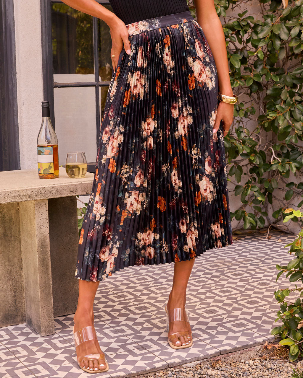 Dearest Bloom Plisse Midi Skirt-Vogue Logic