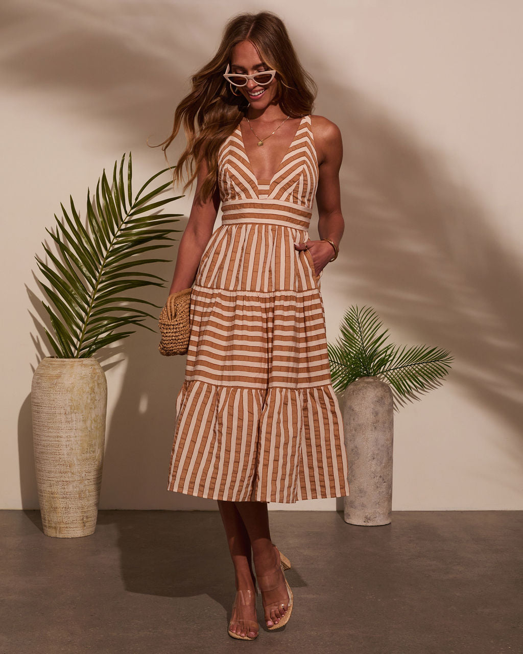 Elly Striped V Neck Midi Dress-Vogue Logic