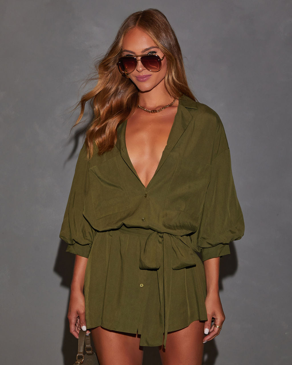 Brenna Blouson Sleeve Shirt Dress-Vogue Logic