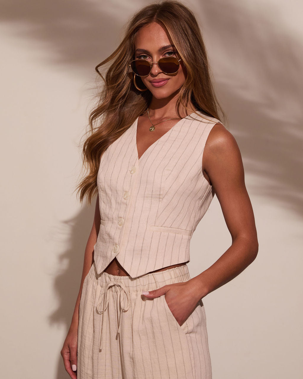 Hazel Pinstripe Linen Vest Top-Vogue Logic