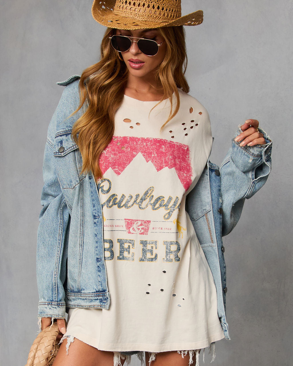 Cowboys and Beer Distressed Oversized Graphic Tee-Vogue Logic